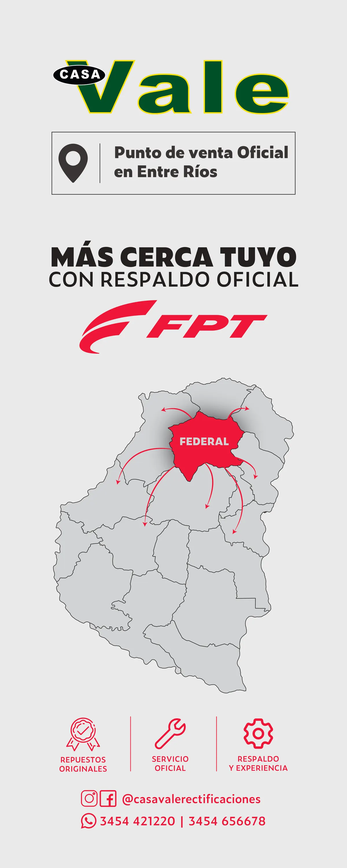 Banner rojo de FPT con un motor industrial y la leyenda «La potencia que mueve al campo tiene respaldo oficial», firmado por Casa Vale